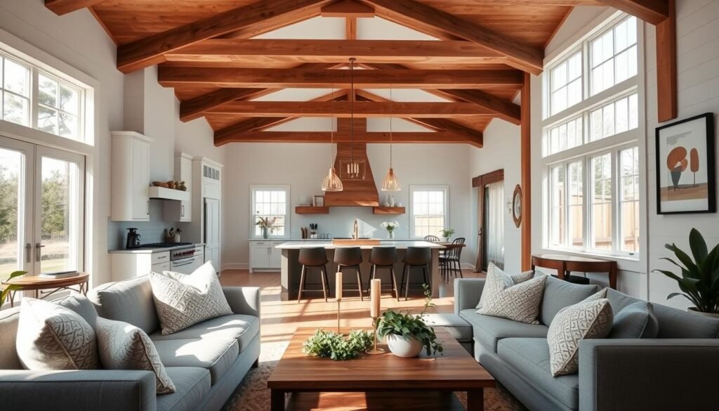 A beautifully designed modern farmhouse interior that captures the essence of contemporary rustic style. In the foreground, a cozy living area features a large, inviting sofa with textured throw pillows and a wooden coffee table adorned with greenery. The middle section showcases an open-concept kitchen with sleek cabinetry, a farmhouse sink, and elegant pendant lighting above a spacious island. The background reveals large windows allowing natural light to filter through, illuminating warm wood beams and classic shiplap walls. The decor is a blend of neutral and earthy tones with subtle greenery, evoking a serene and welcoming atmosphere. The image is bathed in soft, diffused sunlight, captured from a wide-angle perspective to enhance the spaciousness and warmth of the space. Ideal for showcasing current farmhouse interior design trends and styles.