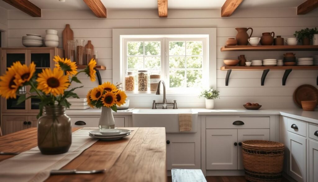 A beautifully styled farmhouse kitchen accented with charming decor items. In the foreground, a rustic wooden dining table adorned with a linen table runner, a vase of fresh sunflowers, and vintage ceramic dishes. The middle features open shelving with carefully arranged glass jars filled with pasta and spices, paired with hand-thrown pottery. A classic farmhouse sink sits against a backdrop of white shiplap walls, illuminated by soft, natural light streaming through a window. The background showcases wooden beams and greenery peeking in from the outside, creating a warm and inviting atmosphere. The overall mood conveys a cozy, nostalgic feeling, perfect for inspiring a dream kitchen transformation. Capture this scene from a slightly elevated angle to emphasize the layout and accents, ensuring no text or watermarks are included.