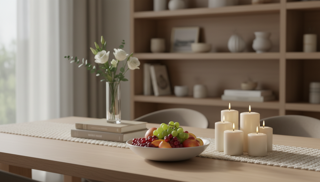 A beautifully styled tabletop arrangement featuring a modern wooden dining table. In the foreground, an elegant white ceramic bowl filled with fresh, vibrant fruits sits next to a cluster of assorted candles, casting a warm, inviting glow. In the middle ground, a stylish runner made of natural fibers adds texture, while carefully placed decorative books and a chic vase with delicate flowers create layers of interest. The background reveals softly blurred shelves lined with curated decor items, enhancing the atmosphere of refined sophistication. Soft, diffused natural light streams in from a nearby window, illuminating the scene and creating gentle shadows that add depth. The overall mood is tranquil yet luxurious, perfect for interior styling inspirations. A beautifully styled tabletop arrangement featuring a modern wooden dining table. In the foreground, an elegant white ceramic bowl filled with fresh, vibrant fruits sits next to a cluster of assorted candles, casting a warm, inviting glow. In the middle ground, a stylish runner made of natural fibers adds texture, while carefully placed decorative books and a chic vase with delicate flowers create layers of interest. The background reveals softly blurred shelves lined with curated decor items, enhancing the atmosphere of refined sophistication. Soft, diffused natural light streams in from a nearby window, illuminating the scene and creating gentle shadows that add depth. The overall mood is tranquil yet luxurious, perfect for interior styling inspirations.