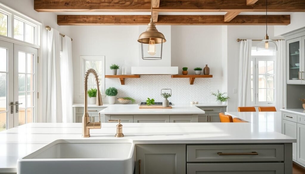 A bright and airy modern farmhouse kitchen featuring stunning lighting fixtures above a stylish backsplash. In the foreground, a large farmhouse sink with a brushed steel faucet catches the light. The middle ground showcases a spacious kitchen island topped with white quartz, accented by rustic wooden shelves holding potted herbs. A unique pendant light hangs timelessly, creating a warm glow. The backsplash is a beautiful interplay of white subway tiles and a striking herringbone pattern in soft grays. In the background, light floods in from large windows adorned with simple, elegant curtains. The atmosphere is inviting and serene, capturing a perfect blend of contemporary and classic farmhouse styling. Shot with a wide-angle lens, emphasizing the open space and depth. The overall mood is fresh, modern, and welcoming, embodying a dream kitchen aesthetic.
