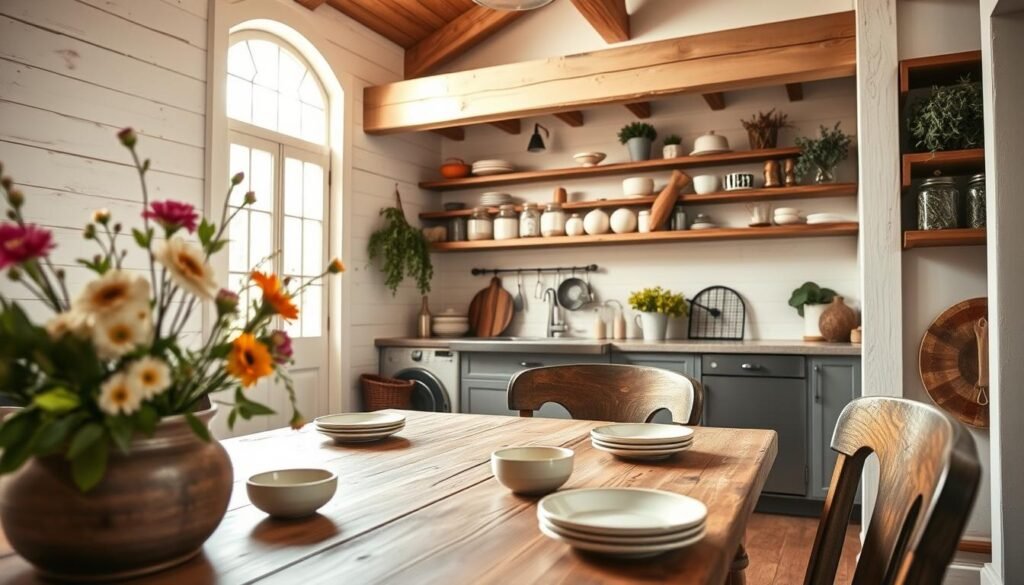 A charming farmhouse kitchen scene, showcasing intricate details that embody warmth and coziness. In the foreground, a rustic wooden dining table laden with fresh flowers in a vintage vase and hand-crafted ceramic plates. The middle features an inviting kitchen space with white shiplap walls, exposed wooden beams overhead, and open shelves displaying quaint dishware and mason jars filled with dried herbs. The background reveals a large window with sunlight streaming in, casting a soft warm glow across the room. The atmosphere is bright and cheerful, evoking a sense of home and comfort. The angle of the shot captures the essence of the kitchen from a slightly elevated perspective, with soft natural lighting enhancing the textures of wood and ceramics.