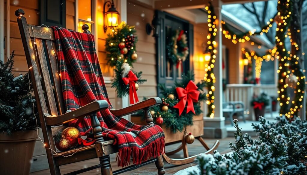 A charming outdoor scene showcasing vintage Christmas decorations, featuring a beautifully adorned porch. In the foreground, a classic wooden rocking chair draped with red and green plaid blankets, adorned with soft white fairy lights. In the middle, a decorative wooden sled with evergreen branches and a bright red bow, surrounded by vintage glass ornaments. The background features a quaint house illuminated by warm golden lights, complemented by strings of colorful retro bulbs. The scene captures a nostalgic winter evening atmosphere, with light snowfall gently falling. Soft, warm lighting enhances the cozy mood, evoking a sense of festive cheer. The angle is slightly elevated, giving a full view of the porch and decorations, perfect for showcasing the allure of vintage outdoor holiday decor. A charming outdoor scene showcasing vintage Christmas decorations, featuring a beautifully adorned porch. In the foreground, a classic wooden rocking chair draped with red and green plaid blankets, adorned with soft white fairy lights. In the middle, a decorative wooden sled with evergreen branches and a bright red bow, surrounded by vintage glass ornaments. The background features a quaint house illuminated by warm golden lights, complemented by strings of colorful retro bulbs. The scene captures a nostalgic winter evening atmosphere, with light snowfall gently falling. Soft, warm lighting enhances the cozy mood, evoking a sense of festive cheer. The angle is slightly elevated, giving a full view of the porch and decorations, perfect for showcasing the allure of vintage outdoor holiday decor.