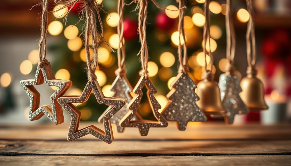 A collection of sparkly cookie cutter ornaments hanging gracefully from natural twine, arranged artistically on a rustic wooden table. The ornaments, shaped like stars, trees, and bells, are adorned with shimmering glitter that catches the soft glow of warm, ambient lighting overhead. In the foreground, delicate twine wrapped around the ornaments adds a cozy, homespun feel. The middle grounds feature a blurred backdrop of a festive holiday setting with hints of evergreen branches and soft bokeh lights, creating an inviting atmosphere. The overall mood is cheerful and crafty, evoking the joy of homemade Christmas decor. Capture the essence of twinkling holiday spirit with a warm color palette and a gentle depth of field to highlight the ornaments' textures and details.