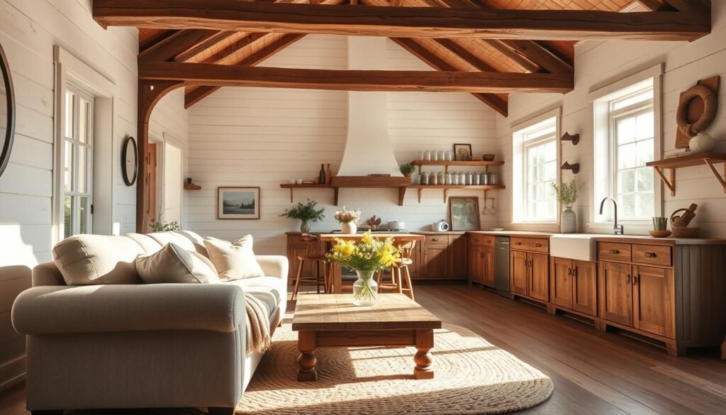 A cozy and inviting farmhouse interior design scene featuring a bright, sunlit living room with rustic wooden beams and white shiplap walls. In the foreground, a comfortable, vintage-style sofa adorned with plush cushions and a woven throw sits atop a soft, braided area rug. A reclaimed wood coffee table displays a vase of fresh wildflowers. In the middle ground, a well-equipped kitchen with open shelving filled with mason jars and farmhouse-style decor, complemented by a large farmhouse sink and vintage appliances. The background reveals large windows, allowing natural light to flow in, casting warm golden tones across the room, creating a serene and welcoming atmosphere. Soft shadows enhance the rustic charm. The perspective is from a slightly elevated angle, capturing the essence of farmhouse style seamlessly.