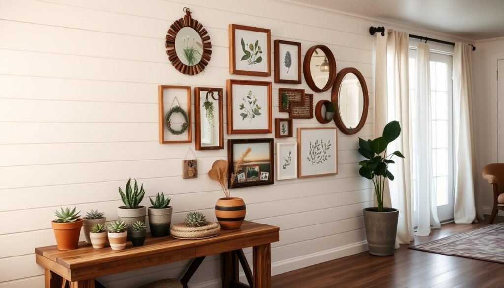 A cozy farmhouse interior featuring creative wall treatments, capturing a warm, inviting atmosphere. In the foreground, a rustic wooden console table adorned with potted succulents and vintage decor sits against a beautiful shiplap wall, painted in soft white. In the middle ground, a gallery wall displays an eclectic mix of framed botanical prints and handcrafted mirrors, all harmonizing in a muted color palette. The background reveals a large window with sheer linen curtains, filtering in gentle sunlight that bathes the scene in a soft glow. The overall mood is tranquil and stylish, reflecting modern farmhouse aesthetics. The composition uses a slightly elevated angle to provide a comprehensive view of the wall treatments.