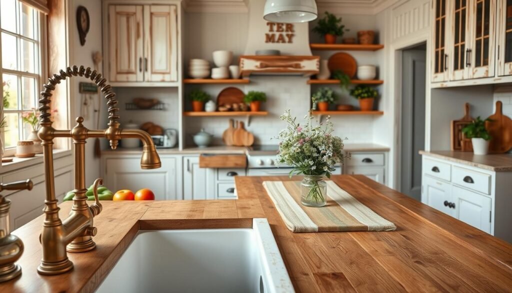 A cozy farmhouse kitchen featuring rustic wooden cabinets with a distressed white finish and a large, deep porcelain sink. In the foreground, a vintage-style brass faucet adds charm. The kitchen is warmly lit with natural light coming through a nearby window, illuminating the polished wooden countertop scattered with fresh produce and baking supplies. In the middle, an inviting kitchen island adorned with a farmhouse-style table runner, a vase of wildflowers, and wooden cutting boards enhances the ambiance. The background showcases open shelves displaying neatly arranged dishware and potted herbs, completing the home's decor. The overall atmosphere is warm and welcoming, perfect for creating a timeless appeal. The composition should convey a sense of comfort and practicality, capturing the essence of a dream farmhouse kitchen.