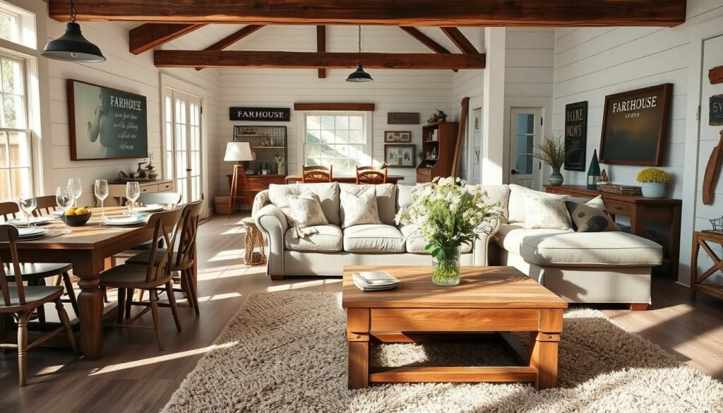 A cozy farmhouse living room dining area, featuring a rustic wooden dining table elegantly set for a meal, surrounded by mismatched yet charming chairs. In the foreground, a plush, neutral-toned area rug adds warmth beneath the table. The middle ground showcases a comfortable sectional sofa adorned with patterned throw pillows, paired with a reclaimed wood coffee table holding a vase of fresh wildflowers. Sunlight streams through large, airy windows, casting gentle shadows and creating a welcoming atmosphere. The background reveals exposed wooden beams and soft white shiplap walls, decorated with farmhouse signs and vintage decor. The overall mood is inviting and serene, perfect for gatherings and family meals. The scene is captured with soft, natural lighting, using a slightly elevated angle to encompass the entire setting.