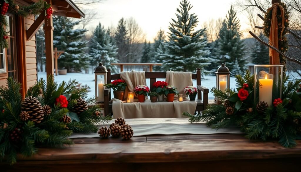 A cozy outdoor scene showcasing beautifully arranged natural holiday decor. In the foreground, a sturdy wooden table adorned with pinecone centerpieces, fresh evergreen garlands, and clusters of holly berries, creating a warm and inviting atmosphere. In the middle, a charming rustic bench draped in soft, beige linen fabric, surrounded by potted poinsettias and lanterns flickering with golden candlelight. In the background, a softly lit winter landscape features snow-dusted pine trees under a clear twilight sky, casting gentle shadows. The lighting captures the essence of a serene evening, emphasizing earthy tones and natural textures. The mood is festive yet tranquil, reflecting the beauty of nature incorporated into holiday celebrations. A cozy outdoor scene showcasing beautifully arranged natural holiday decor. In the foreground, a sturdy wooden table adorned with pinecone centerpieces, fresh evergreen garlands, and clusters of holly berries, creating a warm and inviting atmosphere. In the middle, a charming rustic bench draped in soft, beige linen fabric, surrounded by potted poinsettias and lanterns flickering with golden candlelight. In the background, a softly lit winter landscape features snow-dusted pine trees under a clear twilight sky, casting gentle shadows. The lighting captures the essence of a serene evening, emphasizing earthy tones and natural textures. The mood is festive yet tranquil, reflecting the beauty of nature incorporated into holiday celebrations.