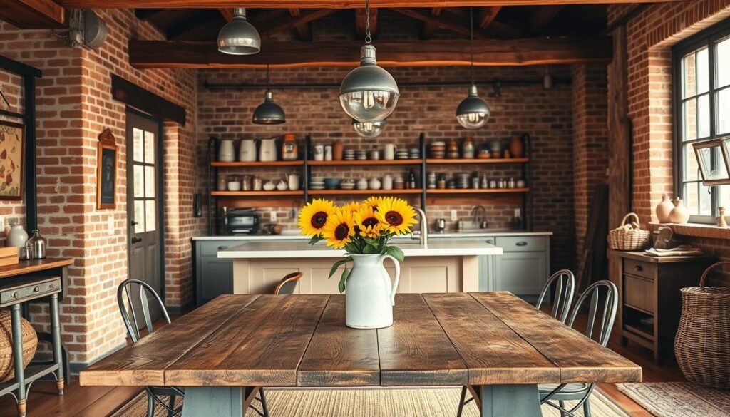 A cozy vintage industrial farmhouse interior featuring exposed brick walls and rustic wooden beams. In the foreground, a weathered wooden dining table surrounded by mismatched metal chairs, adorned with a bouquet of sunflowers in a vintage milk jug. The middle layer showcases a rustic kitchen with open shelving displaying antique jars and rustic dishware, with industrial light fixtures hanging above. In the background, a large window allows warm, natural light to flood the space, illuminating elements like a vintage wicker basket and a textured area rug. The atmosphere is warm and inviting, evoking a sense of nostalgia and comfort, perfect for embracing vintage and industrial influences in decor.
