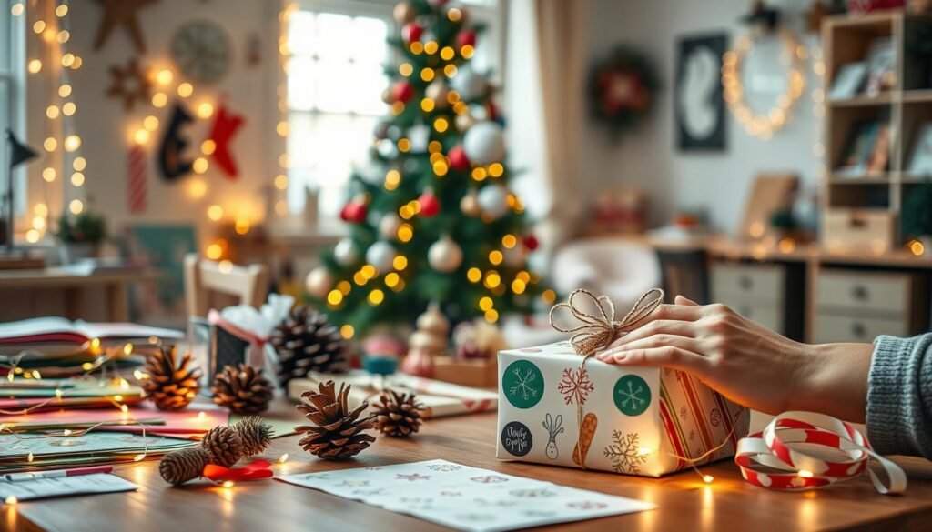 A cozy, well-lit workspace filled with various DIY Christmas decor materials, including colorful papers, twinkling fairy lights, pinecones, ribbons, and embellished ornaments neatly arranged on a wooden table. In the foreground, a pair of hands expertly wrapping a gift with festive wrapping paper, showcasing creativity. In the middle, a cheerful, decorated Christmas tree adorned with handmade ornaments, casting a warm glow. The background features soft, blurred fairy lights, creating a magical holiday ambiance. Natural light coming in from a nearby window enhances the inviting atmosphere. The image exudes warmth and a spirit of festive creativity, perfect for inspiring simple DIY projects. A cozy, well-lit workspace filled with various DIY Christmas decor materials, including colorful papers, twinkling fairy lights, pinecones, ribbons, and embellished ornaments neatly arranged on a wooden table. In the foreground, a pair of hands expertly wrapping a gift with festive wrapping paper, showcasing creativity. In the middle, a cheerful, decorated Christmas tree adorned with handmade ornaments, casting a warm glow. The background features soft, blurred fairy lights, creating a magical holiday ambiance. Natural light coming in from a nearby window enhances the inviting atmosphere. The image exudes warmth and a spirit of festive creativity, perfect for inspiring simple DIY projects.