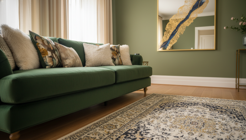 A luxurious interior showcasing an artful layering of textures and materials. In the foreground, a plush velvet sofa in a deep emerald green is adorned with an array of decorative pillows in various fabrics, including silk and faux fur. The middle ground features a textured area rug with intricate patterns, layered on light wood flooring. To the back, a feature wall painted in a soft matte finish contrasts with a glossy, framed art piece that captures attention. Natural light filters through sheer drapery, casting a warm, inviting glow across the room. The atmosphere is elegant yet cozy, with a balanced composition highlighting the sophistication of texture layering in interior design. The angle captures the depth and richness of the space, emphasizing depth and character. A luxurious interior showcasing an artful layering of textures and materials. In the foreground, a plush velvet sofa in a deep emerald green is adorned with an array of decorative pillows in various fabrics, including silk and faux fur. The middle ground features a textured area rug with intricate patterns, layered on light wood flooring. To the back, a feature wall painted in a soft matte finish contrasts with a glossy, framed art piece that captures attention. Natural light filters through sheer drapery, casting a warm, inviting glow across the room. The atmosphere is elegant yet cozy, with a balanced composition highlighting the sophistication of texture layering in interior design. The angle captures the depth and richness of the space, emphasizing depth and character.