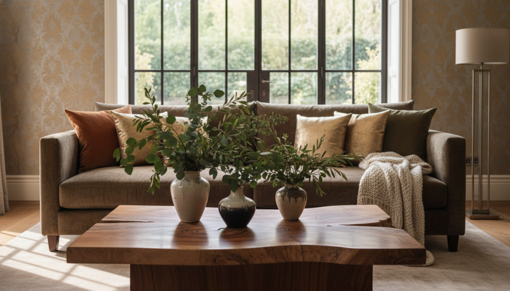 A luxurious interior space highlighting natural and metallic accents to create a warm, inviting atmosphere. In the foreground, a polished wooden coffee table adorned with elegant ceramic vases containing fresh greenery, reflecting nature's textures. The middle ground features a cozy, deep-set sofa with plush cushions in earthy tones, complemented by metallic throw pillows that catch the light. Behind, a large window allows soft, diffused sunlight to stream in, illuminating the space and casting gentle shadows. The background showcases walls with subtle metallic wallpaper, enhancing the richness of the room. Use a wide-angle lens to capture the entire scene from a slightly elevated perspective, creating an elegant, serene mood, ideal for showcasing luxe interior design. High-quality, natural lighting enhances the interplay of textures, emphasizing warmth and sophistication. A luxurious interior space highlighting natural and metallic accents to create a warm, inviting atmosphere. In the foreground, a polished wooden coffee table adorned with elegant ceramic vases containing fresh greenery, reflecting nature's textures. The middle ground features a cozy, deep-set sofa with plush cushions in earthy tones, complemented by metallic throw pillows that catch the light. Behind, a large window allows soft, diffused sunlight to stream in, illuminating the space and casting gentle shadows. The background showcases walls with subtle metallic wallpaper, enhancing the richness of the room. Use a wide-angle lens to capture the entire scene from a slightly elevated perspective, creating an elegant, serene mood, ideal for showcasing luxe interior design. High-quality, natural lighting enhances the interplay of textures, emphasizing warmth and sophistication.