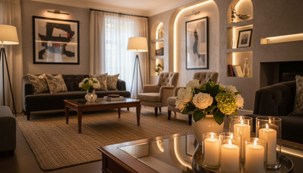 A luxurious interior space showcasing the art of layered lighting and decor techniques. In the foreground, a sophisticated table with elegant decor, featuring decorative candles and a tasteful floral arrangement. The middle layer captures a beautifully styled living area with plush furnishings, rich textiles, and decorative throw pillows, illuminated by warm, ambient lighting from chic floor lamps. The background reveals a tasteful wall adorned with art pieces and soft architectural details, creating depth. Use soft focus on the surrounding elements to emphasize the layered effect. The lighting should be warm and inviting, evoking a sense of comfort and sophistication. Capture this scene with a slightly elevated angle to enhance the dimensionality of the space. A luxurious interior space showcasing the art of layered lighting and decor techniques. In the foreground, a sophisticated table with elegant decor, featuring decorative candles and a tasteful floral arrangement. The middle layer captures a beautifully styled living area with plush furnishings, rich textiles, and decorative throw pillows, illuminated by warm, ambient lighting from chic floor lamps. The background reveals a tasteful wall adorned with art pieces and soft architectural details, creating depth. Use soft focus on the surrounding elements to emphasize the layered effect. The lighting should be warm and inviting, evoking a sense of comfort and sophistication. Capture this scene with a slightly elevated angle to enhance the dimensionality of the space.