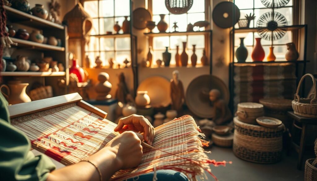 A skilled artisan in a sunlit workshop, meticulously working with vibrant colored fabrics and natural materials. In the foreground, hands deftly weave intricate patterns into a handcrafted textile using traditional tools, showcasing the artisan's focus and dedication. The middle ground features shelves filled with unique handmade decor items, including pottery, wooden sculptures, and woven baskets, creating a sense of creativity and vibrancy. The background reveals large windows allowing warm, golden light to filter in, illuminating the space and casting soft shadows. The mood is warm and inviting, emphasizing craftsmanship and the beauty of handmade decor. Captured with a shallow depth of field, highlighting the artisan's work while softly blurring the surrounding items for a cozy, intimate atmosphere. A skilled artisan in a sunlit workshop, meticulously working with vibrant colored fabrics and natural materials. In the foreground, hands deftly weave intricate patterns into a handcrafted textile using traditional tools, showcasing the artisan's focus and dedication. The middle ground features shelves filled with unique handmade decor items, including pottery, wooden sculptures, and woven baskets, creating a sense of creativity and vibrancy. The background reveals large windows allowing warm, golden light to filter in, illuminating the space and casting soft shadows. The mood is warm and inviting, emphasizing craftsmanship and the beauty of handmade decor. Captured with a shallow depth of field, highlighting the artisan's work while softly blurring the surrounding items for a cozy, intimate atmosphere.