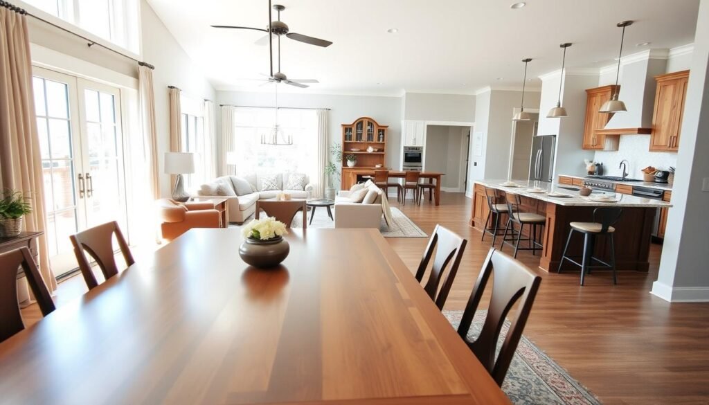 A spacious modern farmhouse interior showcasing cohesive open spaces. In the foreground, a polished wooden dining table is surrounded by stylish chairs, elegantly set with decorative tableware. The middle ground features a welcoming living area with a comfortable sectional sofa, adorned with soft cushions and a large, inviting area rug. Natural light pours in through expansive windows, illuminating the warm, neutral color palette of beige, ivory, and earthy tones. The background highlights a sleek kitchen with modern appliances and rustic wooden cabinetry, seamlessly blending functionality and charm. The atmosphere is serene and inviting, emphasizing a sense of tranquility and family connection in this thoughtfully designed space. Capture this scene with a soft focus, warm lighting, and a wide-angle lens to portray the openness and harmony of the layout.