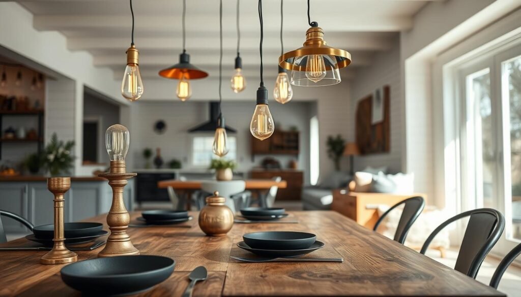 A stylish modern farmhouse interior featuring a beautifully curated display of mixed metals and innovative lighting solutions. In the foreground, a rustic wooden dining table adorned with metallic accents, such as copper and brass candle holders, contrasts with sleek matte black tableware. In the middle, an elegant mix of pendant lights, showcasing vintage filament bulbs and polished metal finishes, create a warm glow across the space. The background reveals a cozy living area with white shiplap walls and a large window allowing natural light to spill in, enhancing the welcoming atmosphere. Soft shadows and highlights accentuate the textures of wood and metal, evoking a contemporary yet inviting vibe perfect for a modern farmhouse aesthetic.
