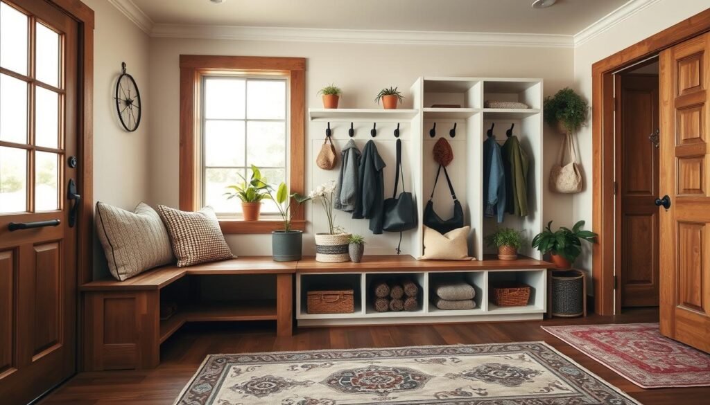 A stylish multifunctional farmhouse mudroom design that blends rustic charm with modern functionality. In the foreground, showcase a wooden bench with abundant storage underneath, adorned with cozy throw pillows. The middle section features a wall of custom-built cubbies and hooks for coats and bags, accented by vibrant potted plants. The background depicts a large window allowing natural light to flood the space, revealing elements like a vintage patterned rug and a farmhouse-style door. Warm, soft lighting gives an inviting feel, and a wide-angle lens captures the spaciousness. The atmosphere is warm and welcoming, perfect for a busy family, emphasizing organization and comfort in a modern farmhouse aesthetic.