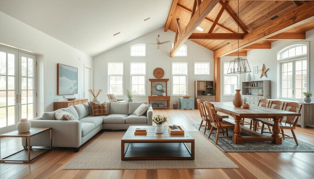 A visually striking comparison of modern and traditional farmhouse styles, set in a bright, airy interior space. In the foreground, showcase a modern farmhouse living area with clean lines, neutral colors, and minimalist furnishings, featuring a large, cozy sectional sofa and a sleek coffee table. In contrast, the middle section displays a traditional farmhouse nook with rustic wooden beams, vintage furniture, and a warm, inviting farmhouse table adorned with decorative items. The background reveals large windows allowing natural light to flood in, accentuating the cozy ambiance. Use soft, diffused lighting to enhance the warmth of both styles, and capture the image from a slightly elevated angle for a comprehensive view. Create an inviting atmosphere, highlighting the elegance of modernity alongside the charm of tradition.