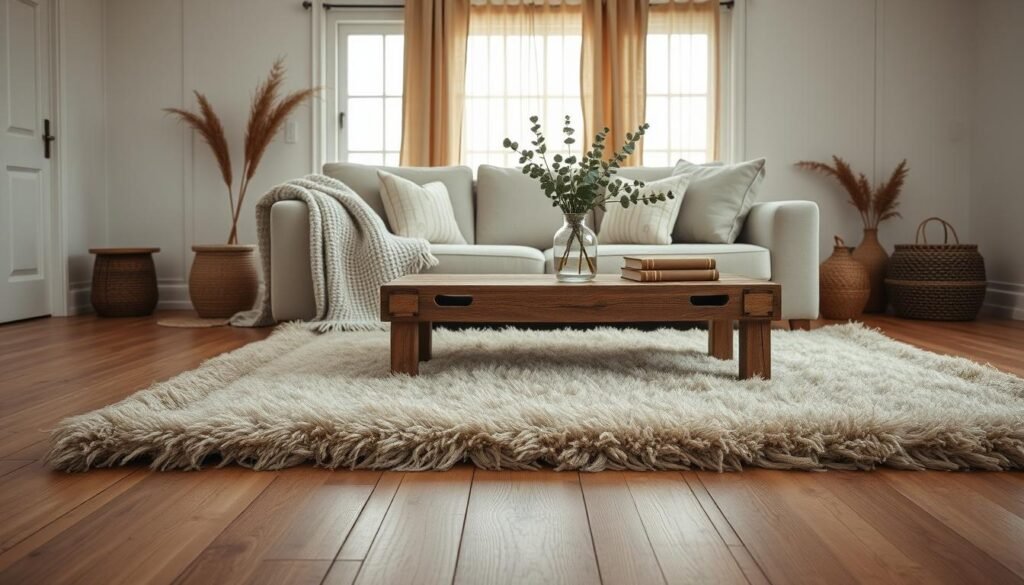A warm and inviting cozy neutral farmhouse interior, featuring layered textures that evoke comfort. In the foreground, a plush beige area rug atop wide wooden floorboards, complemented by a soft knitted throw and a couple of decorative pillows on a light grey sofa. The middle ground showcases a rustic wooden coffee table adorned with a vase of dried eucalyptus and a few vintage books. In the background, a softly lit window draped with sheer linen curtains casts a gentle glow across the room, highlighting textured wall panels painted in soft whites and taupes. The overall mood is serene and welcoming, imbued with natural light that enhances the tranquil atmosphere. The scene is captured from a slightly elevated angle, showcasing the harmonious balance of elements in this cozy farmhouse setting.