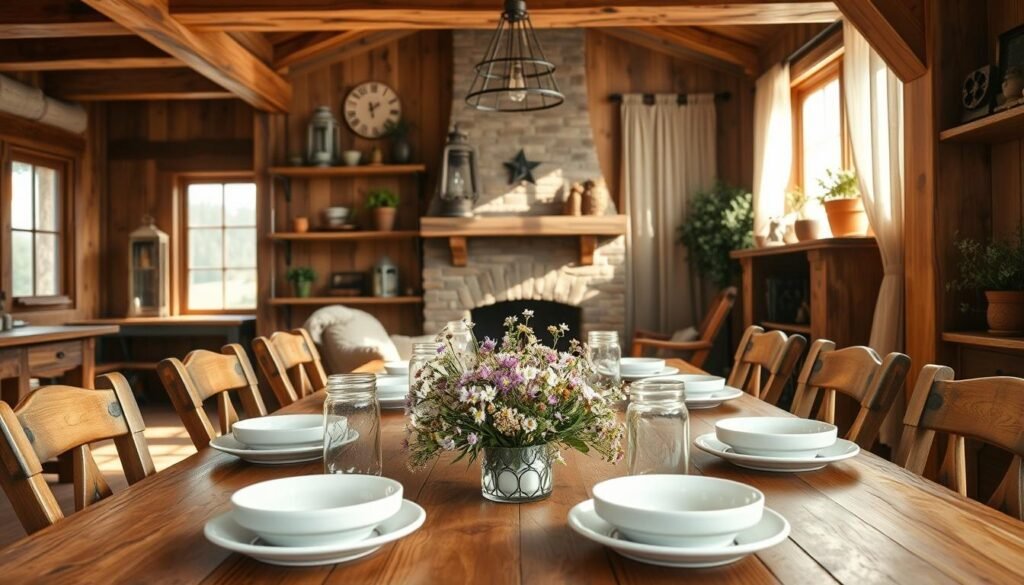 A warm and inviting farmhouse interior, featuring natural wood decor and reclaimed materials. In the foreground, a rustic wooden dining table set with simple white ceramic plates and mason jar glasses, accented by a centerpiece of wildflowers. The middle ground showcases wooden beams and a stone fireplace, with shelves adorned by vintage farmhouse decor items like antique lanterns and potted plants. The background reveals a sunlit window, with sheer curtains gently billowing, casting soft shadows. The overall atmosphere is cozy and inviting, capturing the essence of farmhouse charm. Use soft, natural lighting to enhance the warmth of the wood and the organic textures. Shot with a slight angle to create depth, focusing on the harmonious blend of elements that reflect a natural, rustic aesthetic.