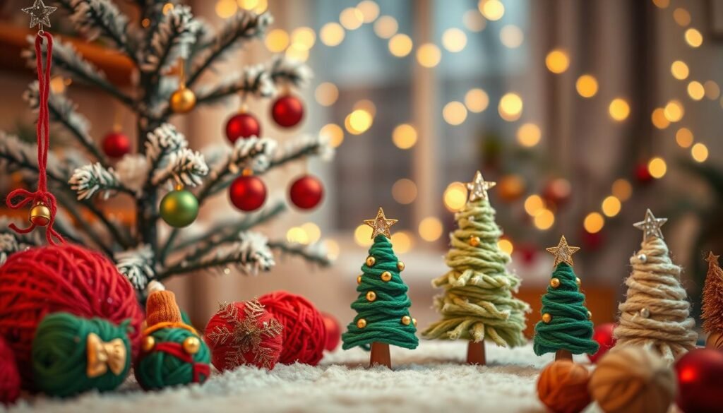 A whimsical scene featuring a collection of fun yarn tree ornaments, beautifully crafted in vibrant colors like red, green, and gold. In the foreground, showcase an assortment of yarn balls and small yarn trees, adorned with embellishments such as tiny bells and glittery stars. The middle ground should include a cozy, decorated Christmas tree, its branches lightly dusted with faux snow, with the colorful ornaments hanging playfully from the tips. In the background, create a softly blurred interior room adorned with warm, golden string lights that evoke a festive, cheerful atmosphere. Use soft, warm lighting to enhance the cozy mood, with a slight bokeh effect for added depth. Capture the image from a slightly elevated angle, allowing for a full view of the intricately designed ornaments and the enchanting holiday setting.