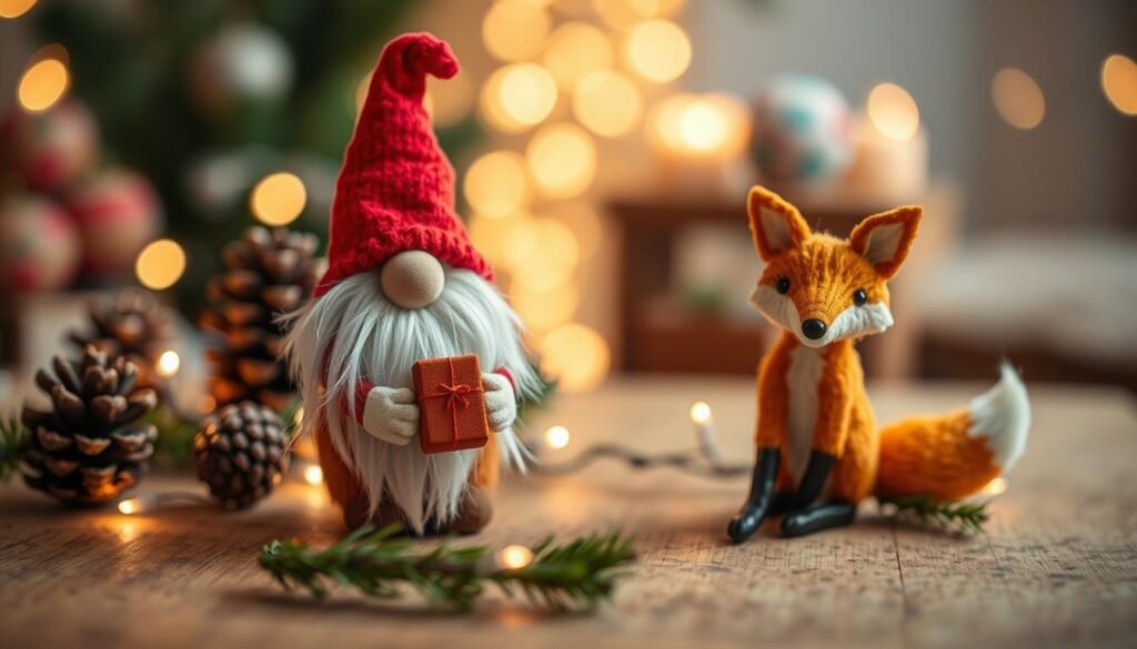 A whimsical scene featuring a cute gnome ornament with a fluffy white beard and a bright red hat, holding a tiny handmade gift. Beside the gnome, a dried orange fox ornament made of natural materials, showcasing its warm, amber-hued fur and delicate features. In the foreground, the gnome and fox are placed on a rustic wooden table adorned with pinecones and sprigs of evergreen. In the middle ground, a softly glowing string of fairy lights creates a cozy atmosphere, illuminating the ornaments. The background is blurred with hints of festive holiday decor, including subtle bokeh effects of colorful lights. The image captures a warm, cheerful holiday spirit, evoking nostalgia and joy. Use soft, natural lighting to enhance the earthy color palette and create a welcoming feel.