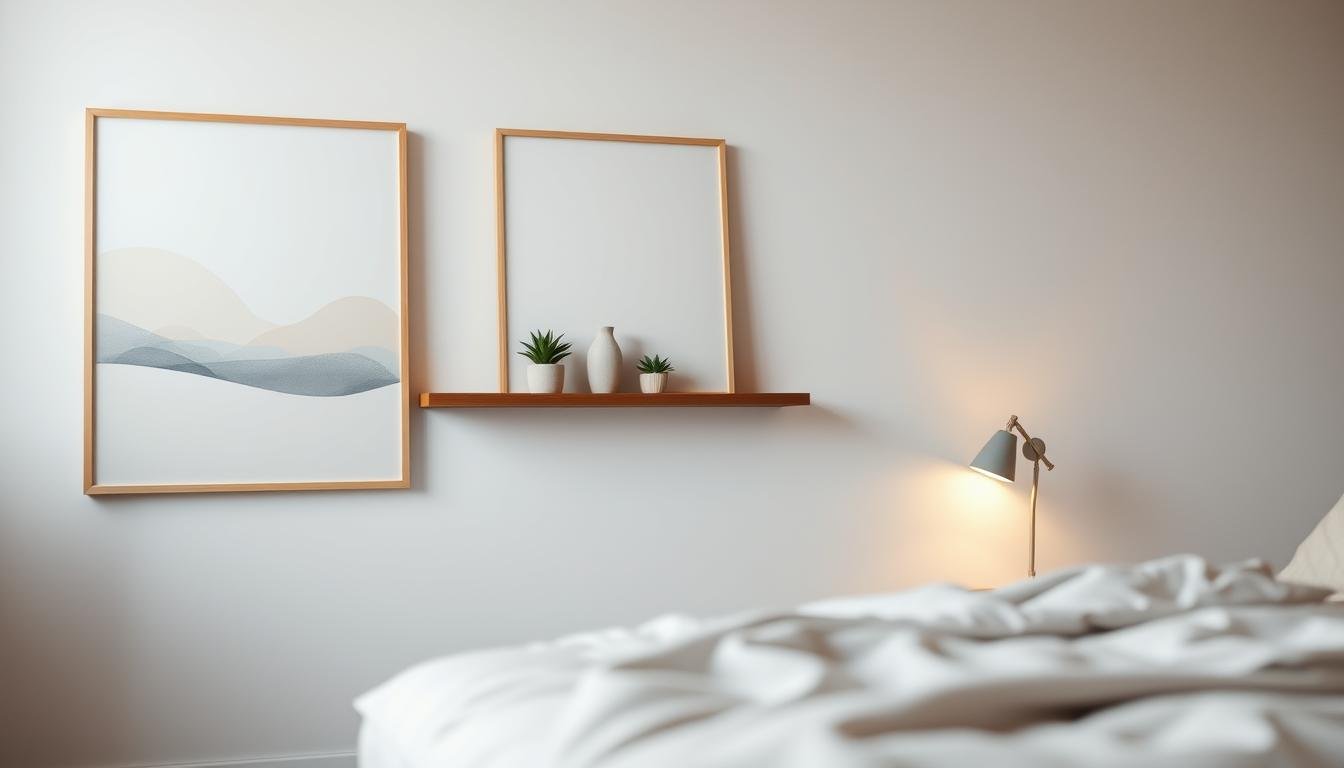 Brass swing-arm wall sconce lit warm beside a bed, mounted above mattress height, next to two framed prints and a floating walnut shelf holding a pale vase and two small succulents