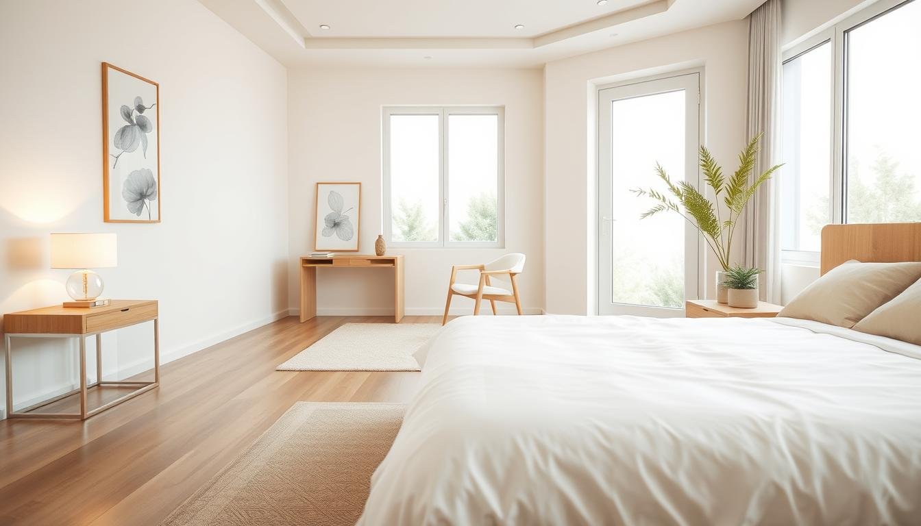 Light oak nightstand holding a single glass lamp and nothing else, with a slim writing desk and chair beyond it, framed botanical prints on a white wall and a potted fern by the window