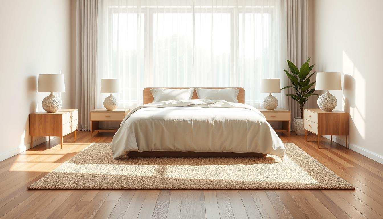 Pale oak bed centred between matching nightstands with woven-base linen-shade lamps, a jute rug running under the lower half of the bed and out past both sides, and sheer curtains filtering midday sun