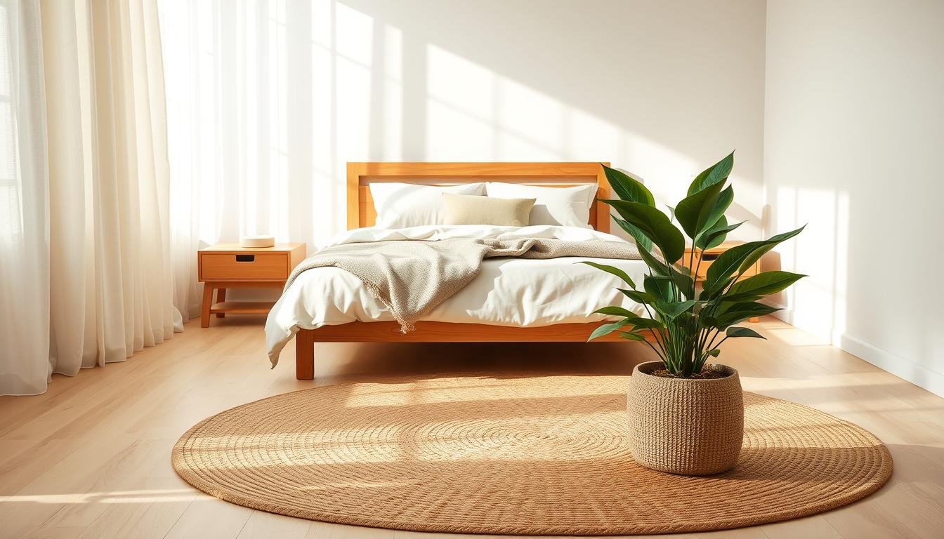 Warm oak bed frame with rumpled white linen and an oatmeal knit throw folded across it, a round jute rug beneath, and a large leafy plant in a woven basket in low afternoon sun