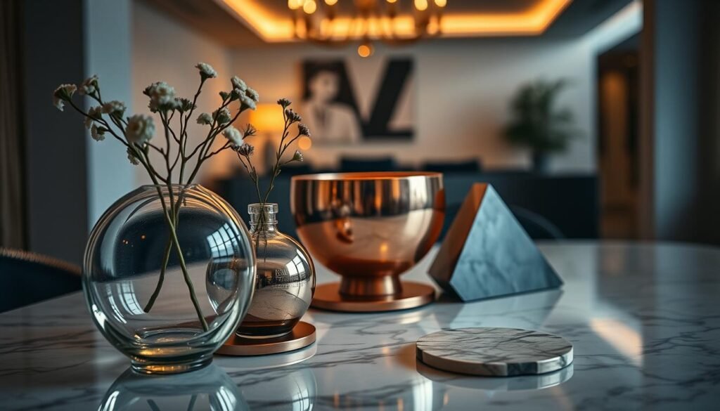 A beautifully arranged decor scene featuring a harmonious blend of glass, copper, and marble materials. In the foreground, a sleek, round glass vase showcasing delicate flowers reflects the soft light. Next to it, a polished copper bowl with intricate engravings gleams under warm, ambient lighting. The middle ground showcases a luxurious marble tabletop, adorned with artistic coasters and a geometric centerpiece that combines these elements seamlessly. In the background, a dimly lit, modern room with minimalistic design enhances the focus on the decor. The atmosphere is warm and inviting, with soft shadows adding depth. The scene is captured with a shallow depth of field, emphasizing the textures of each material, while allowing a slight bokeh effect in the background, creating a serene and elegant mood.