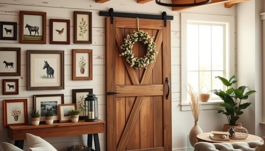 A beautifully arranged display of rustic farmhouse wall decor sits in a cozy, sunlit living room. In the foreground, an assortment of vintage wooden frames in varying sizes hang on a weathered shiplap wall, showcasing art of farm animals and botanical prints. A handcrafted wooden shelf adorned with small potted succulents and an antique lantern adds charm. In the middle, a large, old barn door serves as a striking focal point, with a wreath made of dried flowers hanging prominently. The background features soft, natural lighting streaming through a nearby window, enhancing the warm, inviting atmosphere. The scene evokes a sense of tranquility and nostalgia, perfect for home accessorizing in a farmhouse style.