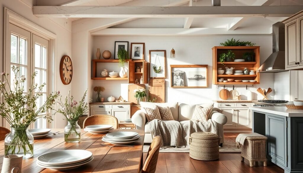 A beautifully arranged interior showcasing the incorporation of farmhouse decor in every room of a cozy, sunlit home. In the foreground, there's a rustic wooden dining table with vintage plates and a vase of fresh wildflowers. The middle ground features a living room adorned with a large, inviting sofa draped in a woven throw, surrounded by reclaimed wood shelves displaying antique books and family photos in weathered frames. The background reveals a kitchen with open cabinetry, showcasing white ceramic dishware and hanging herbs. Soft, natural light streams in through large windows, creating a warm and welcoming atmosphere. The angle captures the essence of a harmonious, farmhouse-inspired lifestyle, emphasizing both comfort and elegance in each space.