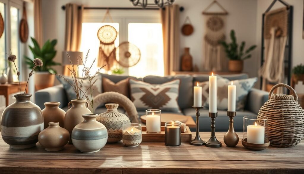 A beautifully curated collection of handmade home decor essentials displayed elegantly on a wooden table. In the foreground, showcase handcrafted ceramic vases in earth tones, artisanal woven baskets, and delicate macramé wall hangings. In the middle, incorporate charming decorative pillows with unique patterns and softly flickering candles in stylish holders. The background features a tastefully arranged living space with warm, natural lighting streaming through a large window, casting soft shadows. The atmosphere is inviting and cozy, embodying a blend of rustic and modern aesthetics, emphasizing the warmth of handmade craftsmanship. Use a shallow depth of field to focus on the decor elements while softly blurring the background, enhancing the overall serene and creative ambiance.