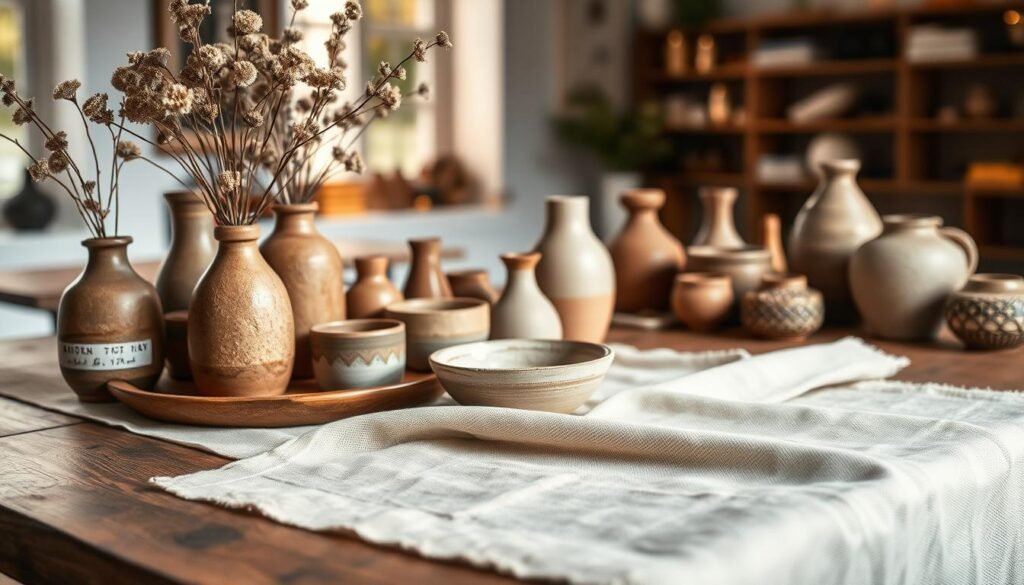 A beautifully curated display of handmade home decor featuring linen, ceramic, and clay accents. In the foreground, a textured linen table runner in a soft beige color drapes gracefully across a rustic wooden table. Elegant, handcrafted ceramic vases in various shapes and muted earth tones are filled with dried flowers, creating a natural and organic feel. In the middle ground, unique clay bowls and decorative objects showcase intricate patterns, highlighting artisan craftsmanship. The background features a blurred, softly lit room with warm, ambient lighting, enhancing the cozy atmosphere. Use a shallow depth of field to focus on the details of the materials, capturing the tactile quality of linen and the smoothness of ceramics. The overall mood is inviting, emphasizing warmth and creativity in home decor.