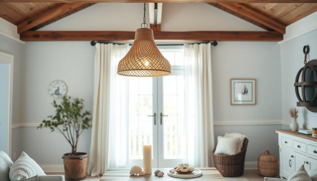 A beautifully designed coastal-inspired lighting setup inside a serene farmhouse living room. In the foreground, a stylish rattan pendant light hangs from a wooden ceiling beam, casting a warm, inviting glow. The middle ground features a rustic wooden coffee table adorned with seashells and a coastal-themed candle. Lightly textured white curtains gently billow by an open window, allowing soft, natural light to filter in, enhancing the tranquil atmosphere. In the background, pale blue walls with nautical accents create a calming ambiance. The scene is captured from a slightly elevated angle, emphasizing the harmonious blend of light and decor, while maintaining a cozy, welcoming mood. Perfect for evoking the charm of coastal farmhouse aesthetics.