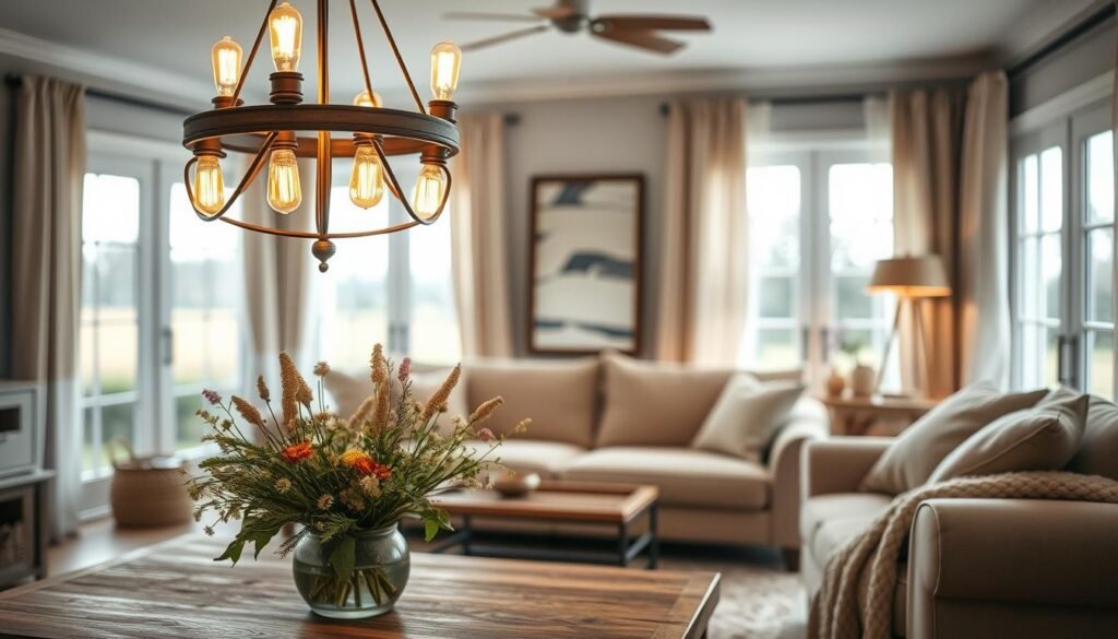 A beautifully designed farmhouse living room focusing on stylish lighting and focal points. In the foreground, a vintage chandelier with warm Edison bulbs hangs gracefully above a rustic wooden coffee table adorned with a vase of fresh wildflowers. The middle features a cozy seating arrangement with comfortable, neutral-toned sofas and a chunky knit throw. Beautiful pendant lights illuminate the space, casting a soft, inviting glow. In the background, large windows allow natural light to filter in, showcasing layered curtains. Soft textures and warm colors create a harmonious atmosphere. The scene captures a serene and welcoming mood, perfect for an inviting living space. Use a warm, soft focus effect to enhance the cozy ambiance. A beautifully designed farmhouse living room focusing on stylish lighting and focal points. In the foreground, a vintage chandelier with warm Edison bulbs hangs gracefully above a rustic wooden coffee table adorned with a vase of fresh wildflowers. The middle features a cozy seating arrangement with comfortable, neutral-toned sofas and a chunky knit throw. Beautiful pendant lights illuminate the space, casting a soft, inviting glow. In the background, large windows allow natural light to filter in, showcasing layered curtains. Soft textures and warm colors create a harmonious atmosphere. The scene captures a serene and welcoming mood, perfect for an inviting living space. Use a warm, soft focus effect to enhance the cozy ambiance.
