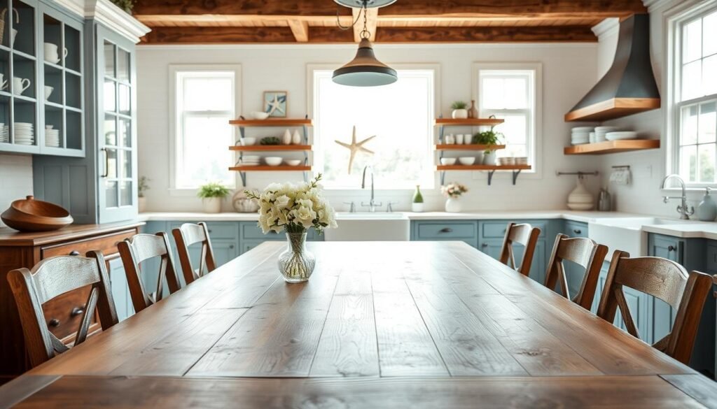 A beautifully styled coastal farmhouse kitchen, featuring a large wooden farmhouse table in the foreground, surrounded by rustic, mismatched chairs. On the table, a vase of fresh white flowers and sea glass accents add a touch of coastal flair. In the middle, open shelves display elegant white dishware and beach-themed decor items, while a bright, airy layout showcases light blue cabinets and a white subway tile backsplash. Sunlight pours through large windows, casting a warm glow and creating a cheerful atmosphere. In the background, a vintage farmhouse sink and a rustic wooden beam ceiling enhance the charm. The scene evokes a serene, welcoming vibe, perfect for family gatherings. The image is captured with a soft focus lens from a slight angle to emphasize depth and warmth.