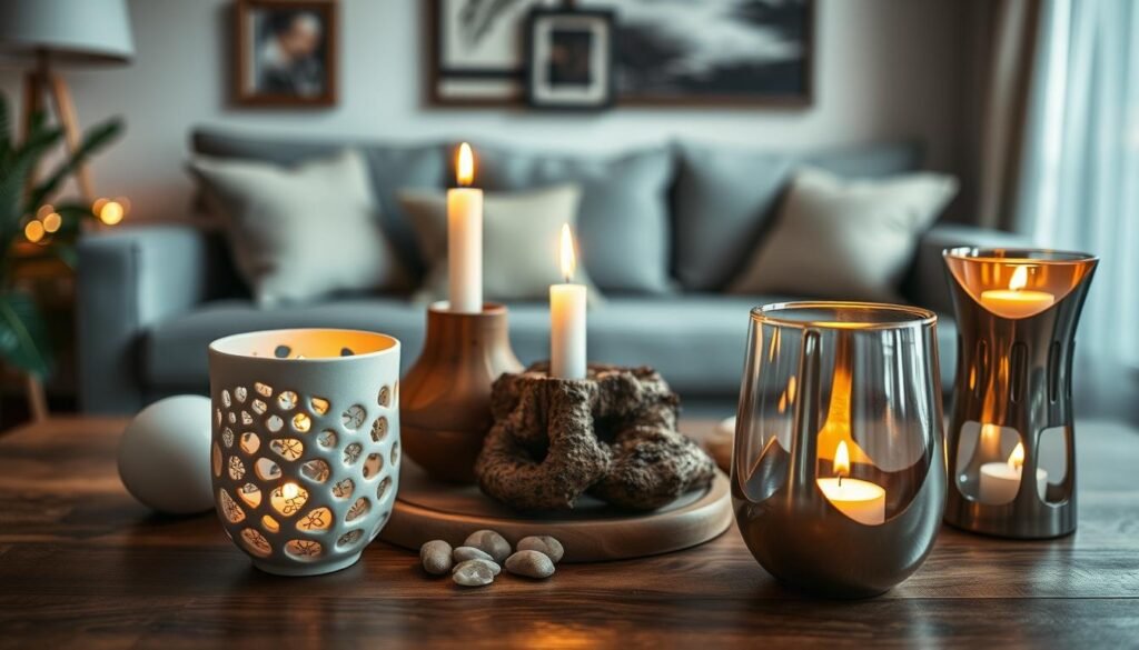 A collection of creatively designed candle holders showcasing unique shapes and materials. In the foreground, a delicate ceramic holder with intricate patterns, a rustic wooden holder featuring natural textures, and a sleek metallic holder with a modern finish, all displaying flickering candles that cast warm, inviting light. In the middle, a wooden table adorned with natural elements such as small pebbles and green foliage, enhancing the organic feel of the arrangement. The background features a softly blurred living room scene with gentle ambient light, evoking a cozy and artistic atmosphere. The image should have warm lighting, with a focus on the candle holders capturing their details, shot at a slight angle to emphasize depth. The overall mood is inviting and creative, perfect for home decor inspiration.