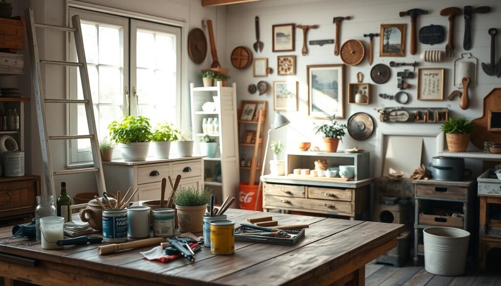 A cozy DIY workspace filled with antique farmhouse upcycling projects, showcasing a rustic wooden table in the foreground cluttered with tools, paint cans, and transformed treasures like a repurposed ladder bookshelf and a vintage crate coffee table. In the middle, sunlight streams through a nearby window, illuminating potted herbs and pastel-colored decor items, creating a warm, inviting atmosphere. In the background, a charming wall is decorated with framed vintage farm tools and an assortment of upcycled decor. The lighting is soft and diffuse, evoking a sense of creativity and tranquility, while the composition captures an inspiring and aspirational vibe of breathing new life into old treasures.