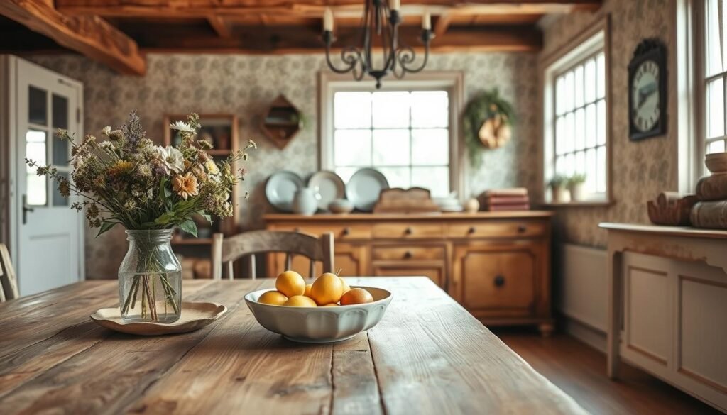 A cozy antique farmhouse interior featuring classic decor pieces. In the foreground, a rustic wooden dining table adorned with a vintage farmhouse tablecloth, complete with a bowl of fresh fruit and a bouquet of wildflowers in an antique glass vase. The middle ground showcases a charming buffet with mismatched ceramic plates and old-fashioned cookbooks. Behind it, a soft, faded wallpaper adds warmth. The background reveals a large window, allowing soft, natural light to stream in, highlighting the wooden beams above and a vintage chandelier hanging delicately. The color palette should evoke a warm, inviting atmosphere with earthy tones. The overall scene suggests a serene, homey vibe perfect for a cozy space, captured with a shallow depth of field to emphasize the foreground details.