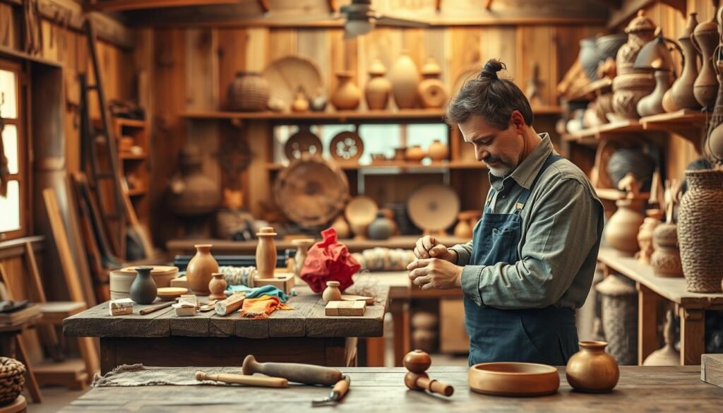 A cozy artisan workshop filled with the warmth of natural wood and soft, golden lighting. In the foreground, a skilled artisan, dressed in modest, professional attire, carefully crafts a unique piece of handmade home decor, focusing on intricate techniques such as carving and weaving. The middle ground features an array of tools, such as chisels, a loom, and vibrant materials, displayed on a rustic wooden table. In the background, shelves lined with finished artisan products, like woven baskets and hand-carved vases, reflect the craftsmanship's beauty. The atmosphere is inviting and creative, highlighting the dedication and skill behind each handmade piece. Employ a warm color palette and a gentle depth of field to create a soft focus on the artisan and their craft, capturing the essence of artisanal craftsmanship techniques.
