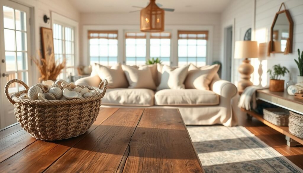 A cozy coastal farmhouse interior is depicted, showcasing a harmonious blend of natural materials and rustic accents. In the foreground, a reclaimed wood coffee table holds a textured woven basket filled with seashells and driftwood. The middle ground features a plush, cream-colored sofa adorned with linen throw pillows, while a vintage rug with subtle coastal patterns lies beneath. The background reveals a sunlit open space with large windows framing a serene beach view, and white shiplap walls accented with soft blue tones. Warm, inviting lighting enhances the room's atmosphere, casting soft shadows and creating a sense of tranquility. The overall mood is relaxed and inviting, embodying the essence of coastal farmhouse decor.