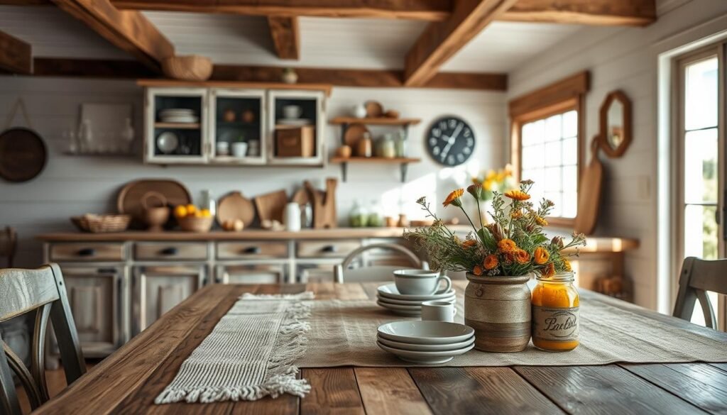 A cozy farmhouse interior showcasing key elements of rustic decor. In the foreground, a reclaimed wooden dining table adorned with a textured linen table runner, vintage ceramic dishware, and a small vase of wildflowers. The middle layer features weathered cabinetry, displaying an array of rustic kitchen utensils and mason jars filled with seasonal produce. In the background, soft, natural light filters through a large window, casting gentle shadows and highlighting exposed wooden beams and neutral-toned shiplap walls. A sense of warmth and homeliness fills the scene, evoking comfort and simplicity that defines farmhouse style. The overall atmosphere is serene and inviting, perfect for illustrating the essence of farmhouse decor.