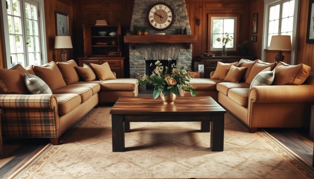 A cozy farmhouse living room furniture layout, featuring a large, comfortable sectional sofa with soft, textured cushions in warm earth tones. In the foreground, add a rustic wooden coffee table adorned with a simple vase of wildflowers. To the sides, place two vintage armchairs with plaid fabric. In the middle, a well-worn area rug ties the space together, and a quaint fireplace adds warmth. In the background, include farm-style windows with natural light streaming in, illuminating the space with a soft, inviting glow. The atmosphere is warm and welcoming, evoking a sense of comfort and homeliness, captured with a slightly wide-angle lens to emphasize the layout. A cozy farmhouse living room furniture layout, featuring a large, comfortable sectional sofa with soft, textured cushions in warm earth tones. In the foreground, add a rustic wooden coffee table adorned with a simple vase of wildflowers. To the sides, place two vintage armchairs with plaid fabric. In the middle, a well-worn area rug ties the space together, and a quaint fireplace adds warmth. In the background, include farm-style windows with natural light streaming in, illuminating the space with a soft, inviting glow. The atmosphere is warm and welcoming, evoking a sense of comfort and homeliness, captured with a slightly wide-angle lens to emphasize the layout.