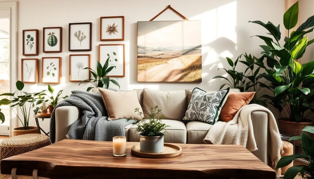 A cozy farmhouse living room scene featuring personalized art on the walls and lush greenery that enhances the space. In the foreground, there's a rustic wooden coffee table adorned with a small potted plant and a handcrafted candle. The middle ground showcases a comfortable couch draped with textured throws, flanked by decorative pillows that echo the earthy tones of the artwork. On the walls, various framed prints of botanical illustrations and a large canvas depicting a serene landscape create an inviting atmosphere. The background is filled with tall, vibrant houseplants, casting soft shadows in warm, natural light streaming through a nearby window. The overall mood is warm and welcoming, embodying a sense of tranquility and individuality in farmhouse decor. A cozy farmhouse living room scene featuring personalized art on the walls and lush greenery that enhances the space. In the foreground, there's a rustic wooden coffee table adorned with a small potted plant and a handcrafted candle. The middle ground showcases a comfortable couch draped with textured throws, flanked by decorative pillows that echo the earthy tones of the artwork. On the walls, various framed prints of botanical illustrations and a large canvas depicting a serene landscape create an inviting atmosphere. The background is filled with tall, vibrant houseplants, casting soft shadows in warm, natural light streaming through a nearby window. The overall mood is warm and welcoming, embodying a sense of tranquility and individuality in farmhouse decor.