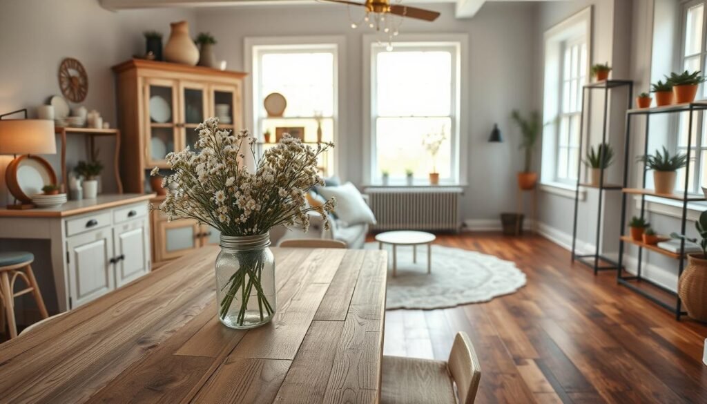 A cozy interior featuring a blend of rustic farmhouse decor and modern minimalist elements. In the foreground, a weathered wooden dining table adorned with a bouquet of fresh wildflowers in a mason jar, complemented by soft, neutral-toned tableware. The middle ground showcases a harmonious mix of a classic farmhouse hutch filled with vintage dishware alongside sleek, contemporary shelving units displaying potted succulents. In the background, large windows allow warm, natural light to flood the room, illuminating a soft area rug layered over rustic wooden flooring. The atmosphere is inviting and serene, evoking a sense of homey comfort with a stylish twist, ideal for showcasing the idea of mixing different decor styles.