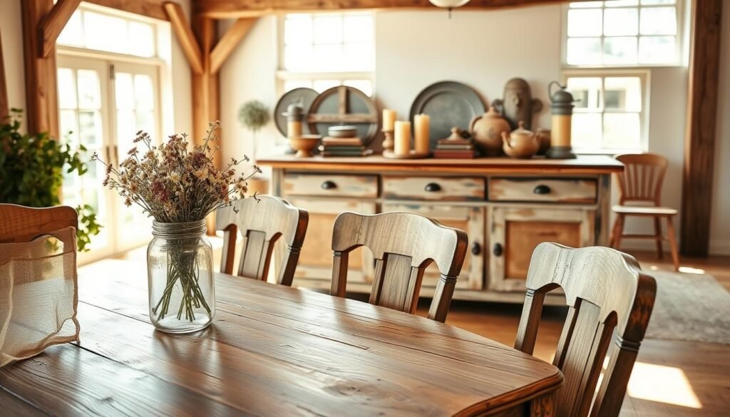 A cozy vintage farmhouse interior featuring key elements of farmhouse decor. In the foreground, a rustic wooden dining table adorned with a bouquet of wildflowers in a mason jar. Surrounding the table are mismatched wooden chairs with a slightly distressed look. The middle layer showcases a weathered sideboard displaying antique kitchenware, vintage cookbooks, and warm-hued candles. The background reveals a spacious, sunlit room with exposed wooden beams and large windows allowing soft, natural light to filter in, creating a warm and inviting atmosphere. Neutral tones, like whites and browns, dominate, accented by natural textures such as burlap and linen. The overall mood is nostalgic yet welcoming, ideal for capturing the essence of vintage farmhouse decor in a harmonious environment.