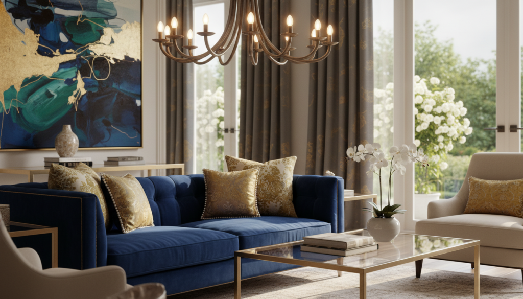A luxurious interior setting showcasing an elegant room transformation. In the foreground, a stylish designer sofa adorned with chic cushions is juxtaposed beside a sleek glass coffee table, reflecting natural light. The middle ground features a stunning chandelier with warm, ambient lighting casting soft shadows, alongside premium decorative items like a modern art piece and rich textile drapes. In the background, large windows reveal a beautiful garden, enhancing the serene atmosphere. The overall color palette comprises rich, deep tones complemented by metallic accents. Capture the scene with a soft focus, emphasizing the luxury of the design upgrades and creating an inviting mood. The lighting should be soft and warm, evoking a sense of opulence and comfort. Smooth, rich textures should be highlighted to convey an elevated design aesthetic.