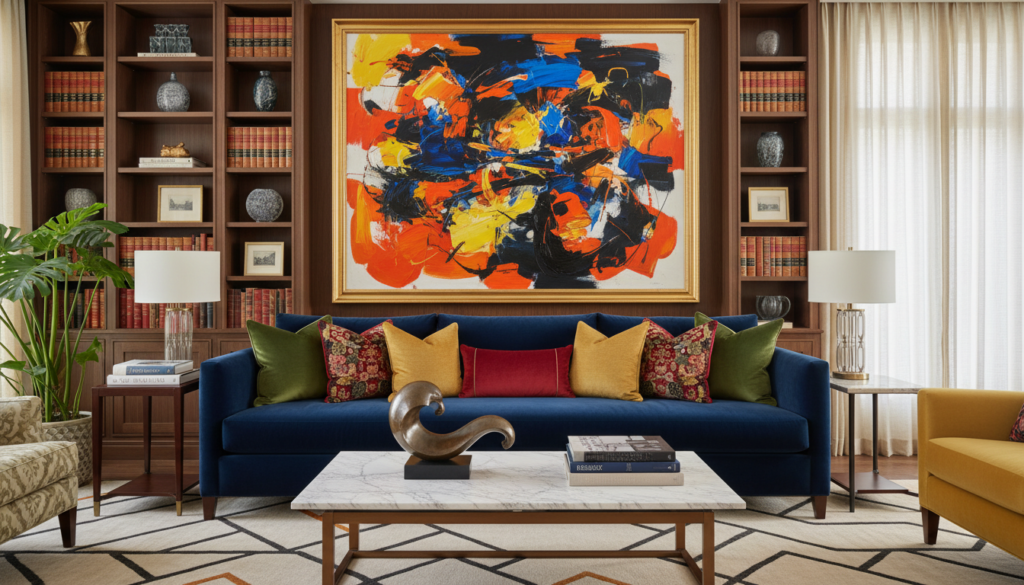 A luxurious living room setting showcasing a blend of statement art pieces and sophisticated decor. In the foreground, an oversized abstract painting in bold colors, framed elegantly, hangs above a plush velvet sofa adorned with decorative cushions. A marble coffee table, featuring a delicate sculpture, is centrally positioned. In the middle, a stylish area rug adds warmth, with a minimalist side table holding a designer book and an exotic plant. The background reveals a refined bookshelf filled with curated art books and elegant decor items. Soft, natural lighting filters through sheer curtains, creating a warm and inviting atmosphere. Shot from a slightly elevated angle to capture the depth and layers of sophistication in the room.